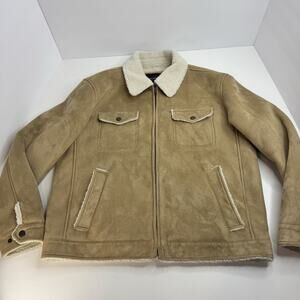 Covington Mens Large Faux Suede Sherpa Trucker Jacket Tan Western Ranch Coat